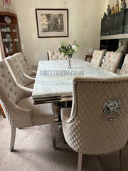 White Arial Dining Table With Mink Majestic Lion Knocker Chairs