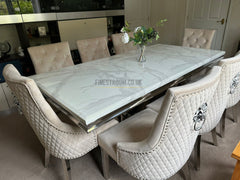 White Arial Dining Table With Mink Majestic Lion Knocker Chairs