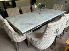 White Arial Dining Table With Mink Majestic Lion Knocker Chairs