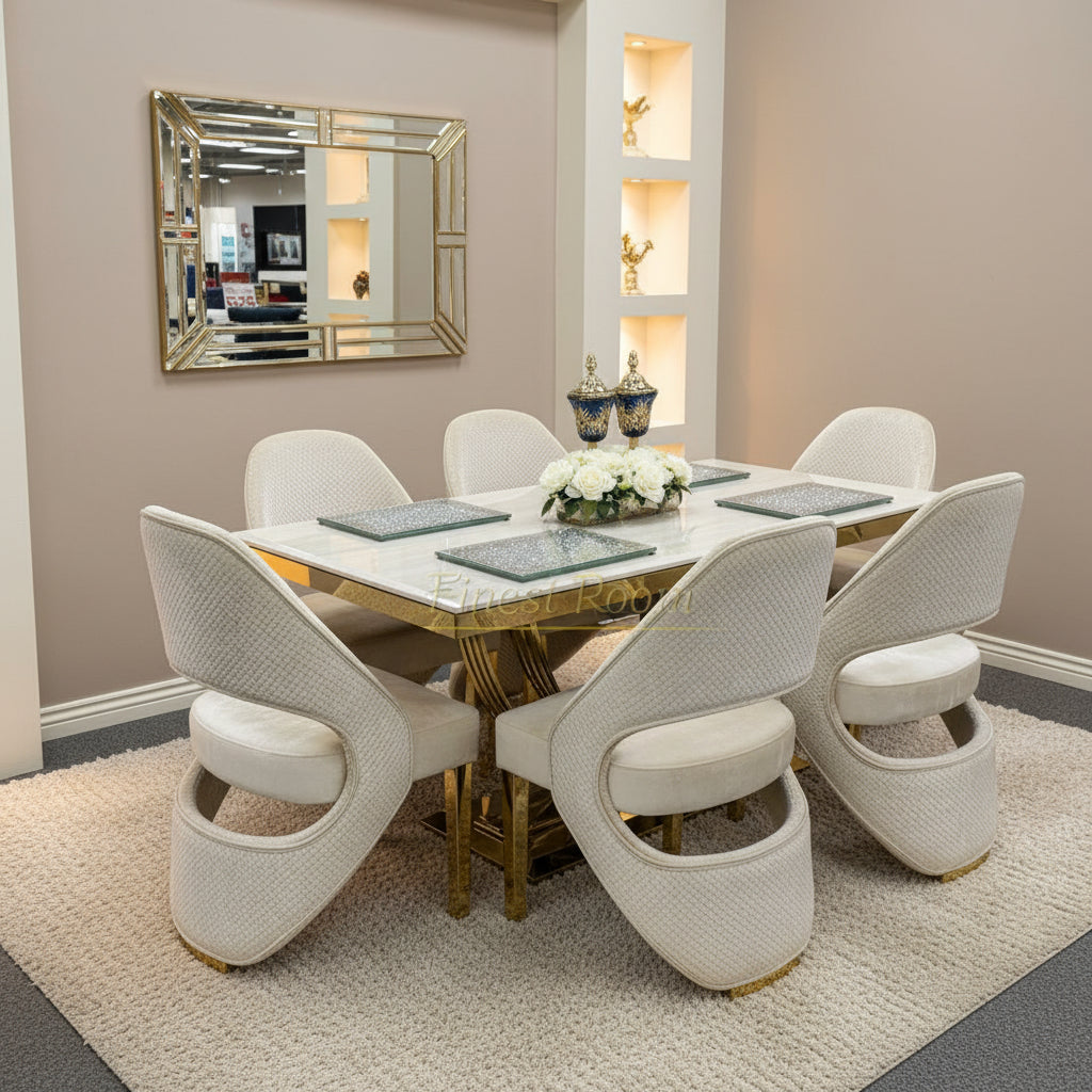 Cream Elina Gold Dining Table With Cream Santorini Chairs