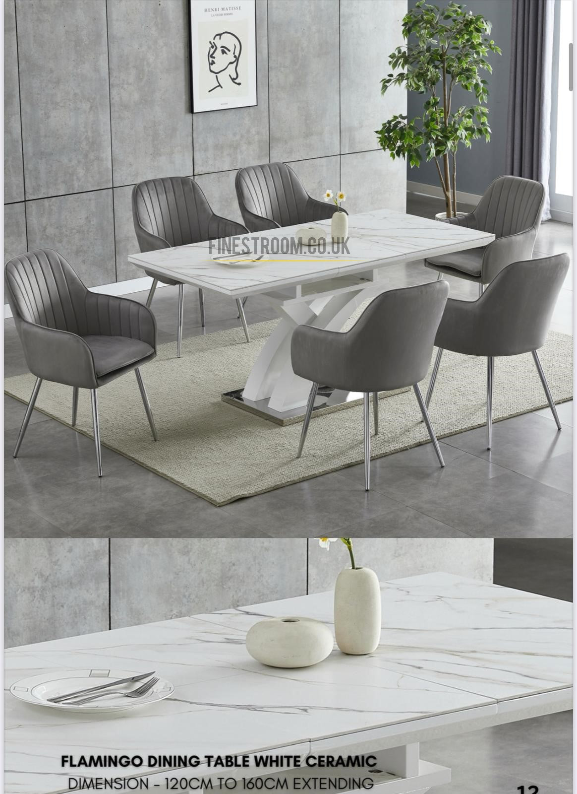 White Flamingo Ceramic Extendable Dining Table With Grey Alizeh Tub Dining Chairs