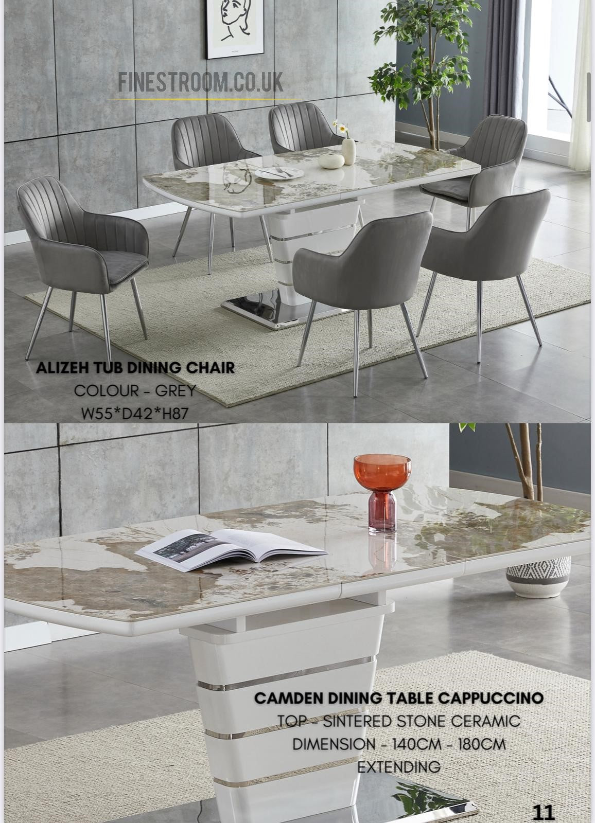 Camden Cappuccino Extendable Ceramic Table With Grey Alizeh Tub Chairs