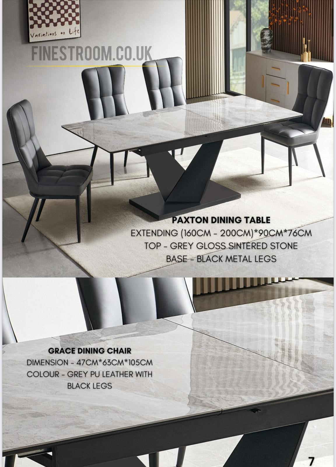 Paxton Grey Gloss Sintered Stone Extendable Dining Table With Grace Grey PU Chairs