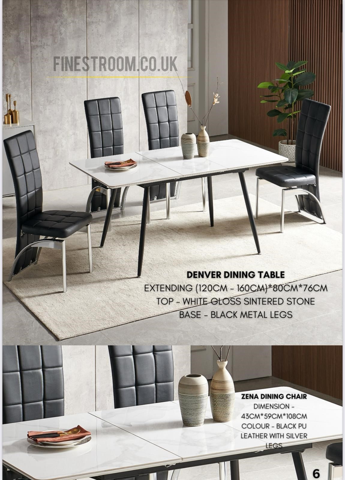 Denver White Gloss Sintered Stone Extendable Dining Table With Zena Black PU Chairs