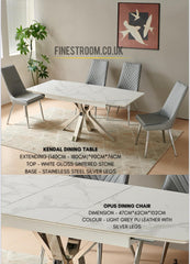 Kendal White Gloss Sintered Stone Extendable Dining Table With Opus Light Grey PU Chairs