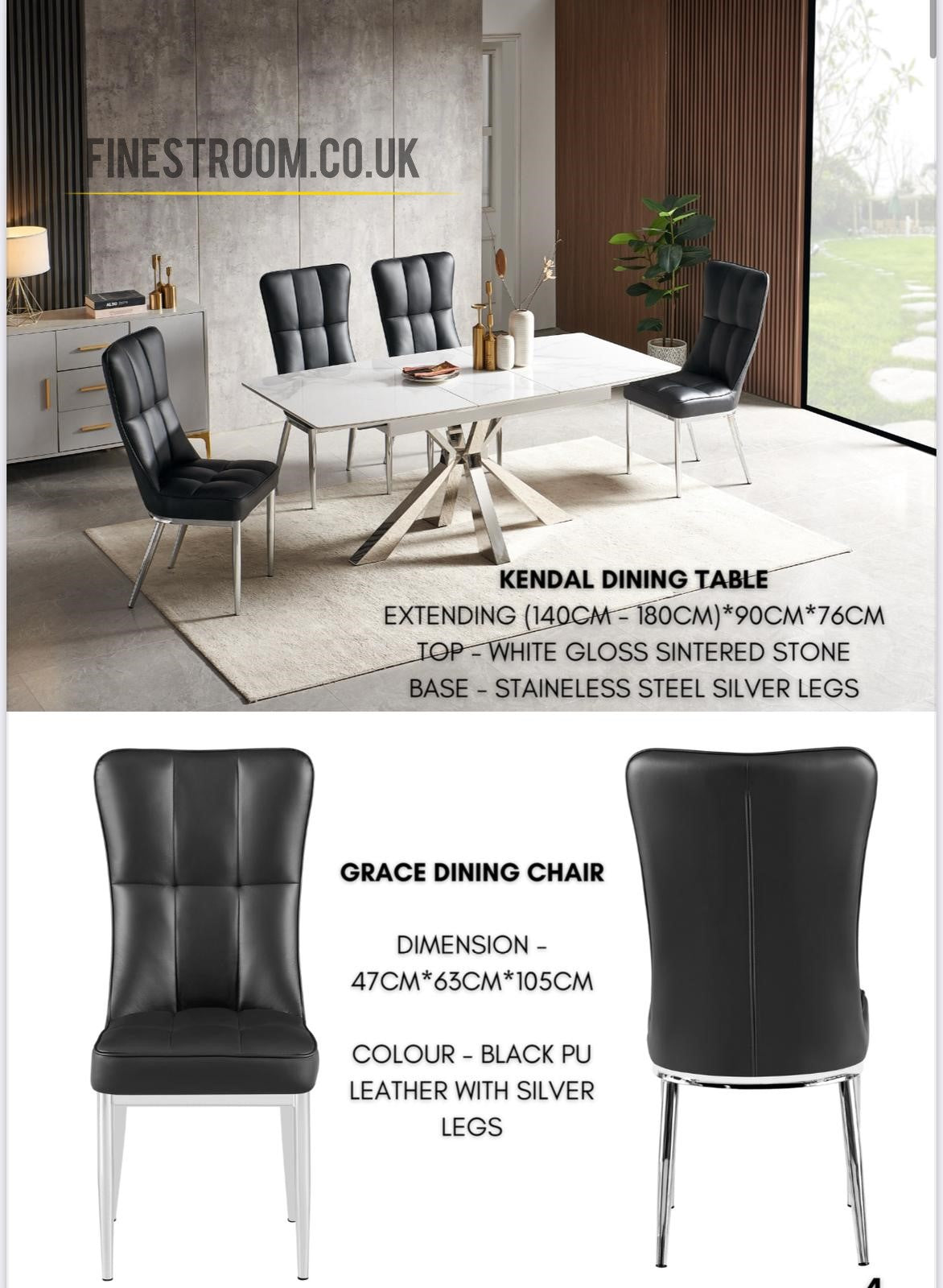 Kendal White Gloss Extendable Sintered Stone Silver Legs Table With Grace Black PU Silver Legs Chairs