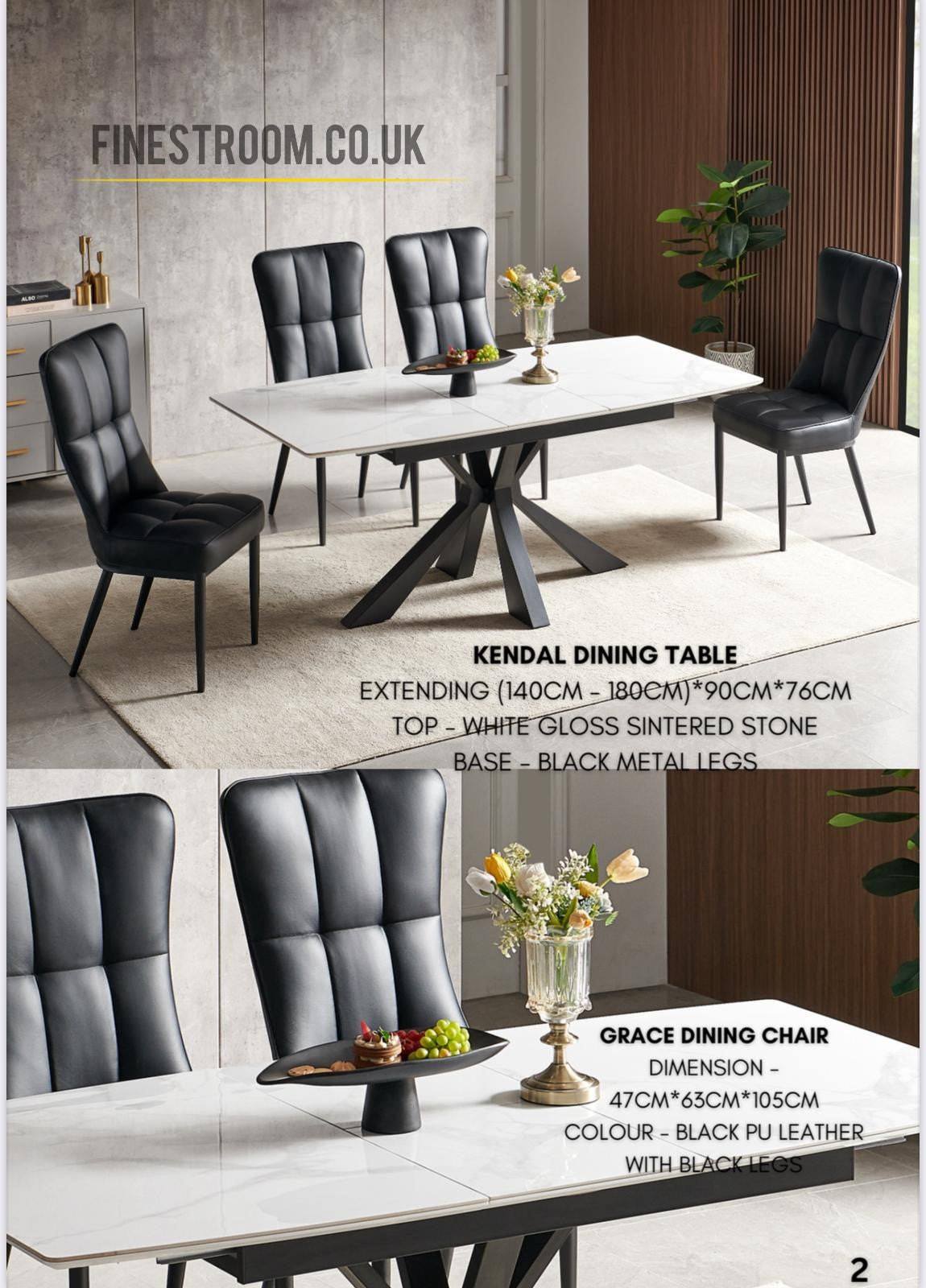 Kendal White Gloss Extendable Sintered Stone Black Legs Table With Grace Black PU Black Legs Chairs