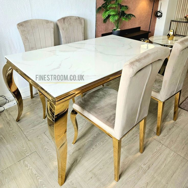 White Louis Gold Dining Table With Cream Gold Nichole Chairs
