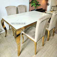 White Louis Gold Dining Table With Cream Gold Nichole Chairs