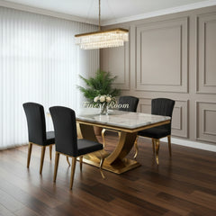 Arial Gold Dining Table With Cream/Black Gold Nicole Chairs