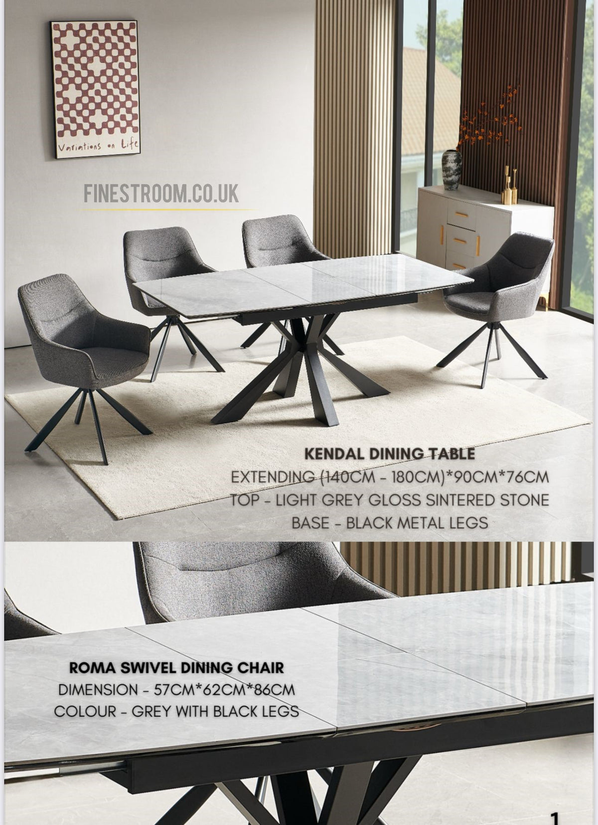 Light Grey Kendal Dining Table With Grey Roma Swivel Dining Chairs