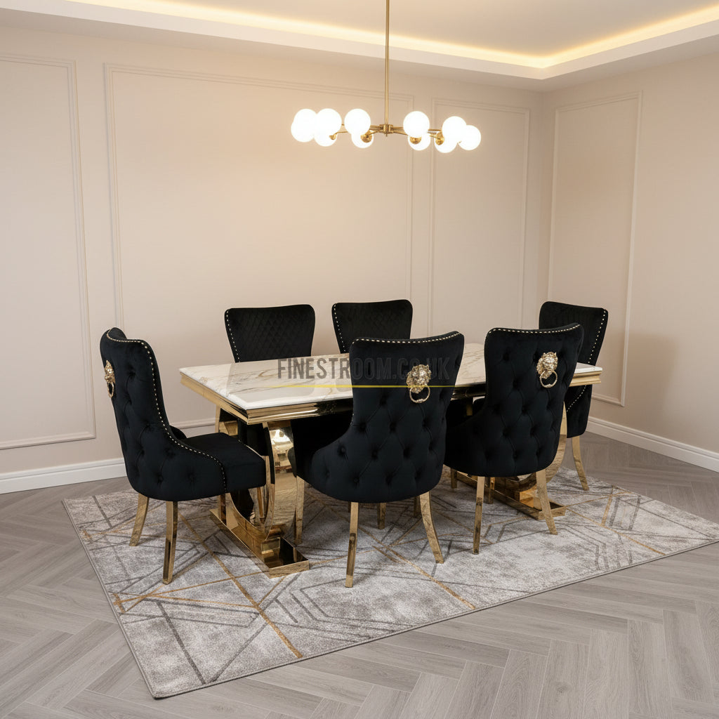 Kata Gold Ariana Dining Table With Victoria Black Gold Lion Knocker Chairs