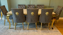 White Louis Gold Table With Grey Majestic Gold Lion Knocker Chairs