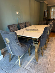 White Louis Gold Table With Grey Majestic Gold Lion Knocker Chairs
