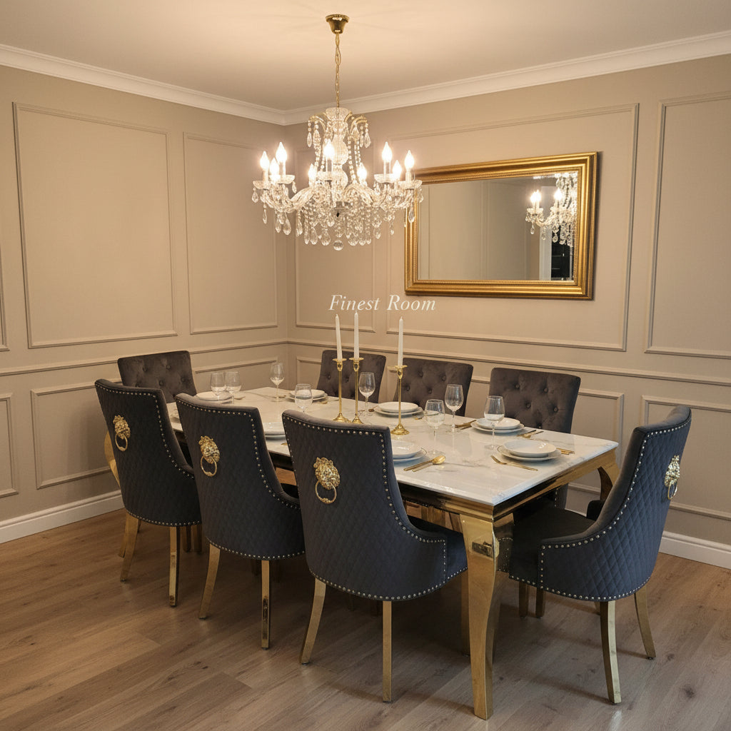 White Louis Gold Table With Grey Majestic Gold Lion Knocker Chairs