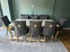 White Louis Gold Table With Grey Majestic Gold Lion Knocker Chairs