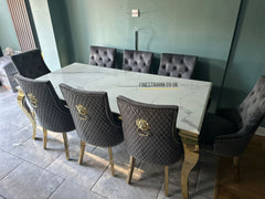 White Louis Gold Table With Grey Majestic Gold Lion Knocker Chairs