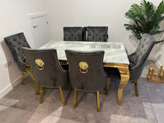 Grey Louis Gold Dining Table With Grey Majestic Gold Lion Knocker Chairs