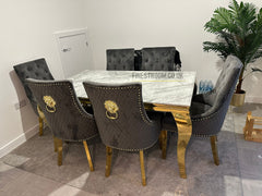 Grey Louis Gold Dining Table With Grey Majestic Gold Lion Knocker Chairs