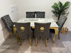 Grey Louis Gold Dining Table With Grey Majestic Gold Lion Knocker Chairs