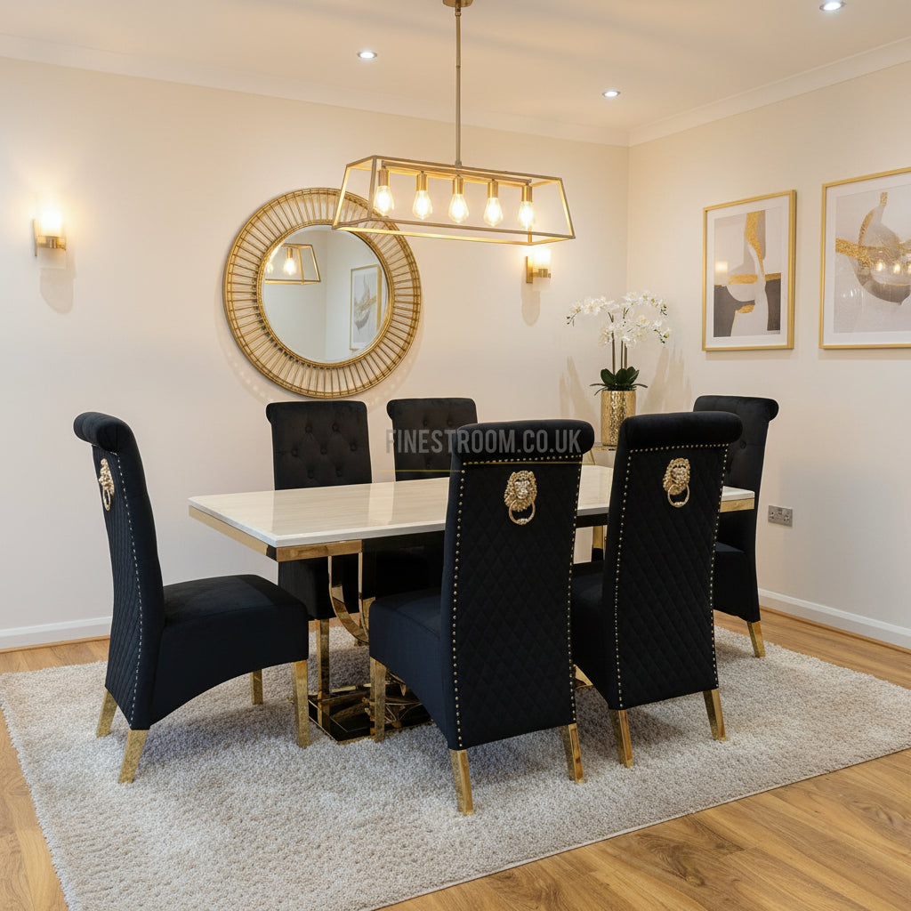 Elina Cream Gold Dining Table With Sofia Black Gold Chairs
