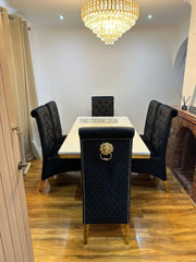 Elina Cream Gold Dining Table With Sofia Black Gold Chairs