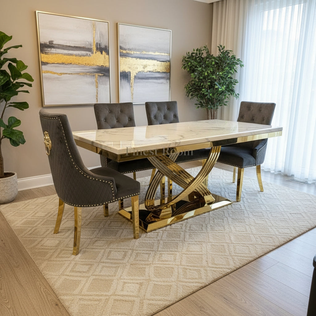Elina White Gold Dining Table With Grey Gold Majestic Chairs
