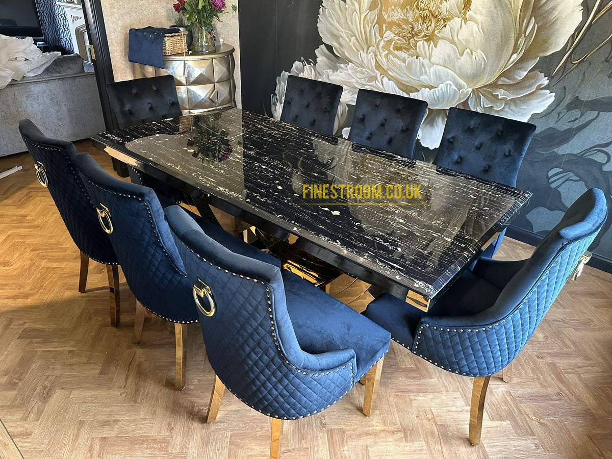Monaco Black Gold Dining Table With Majestic Navy Gold Chairs
