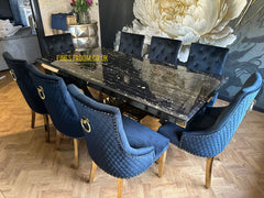 Monaco Black Gold Dining Table With Majestic Navy Gold Chairs