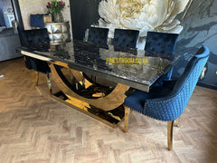 Monaco Black Gold Dining Table With Majestic Navy Gold Chairs