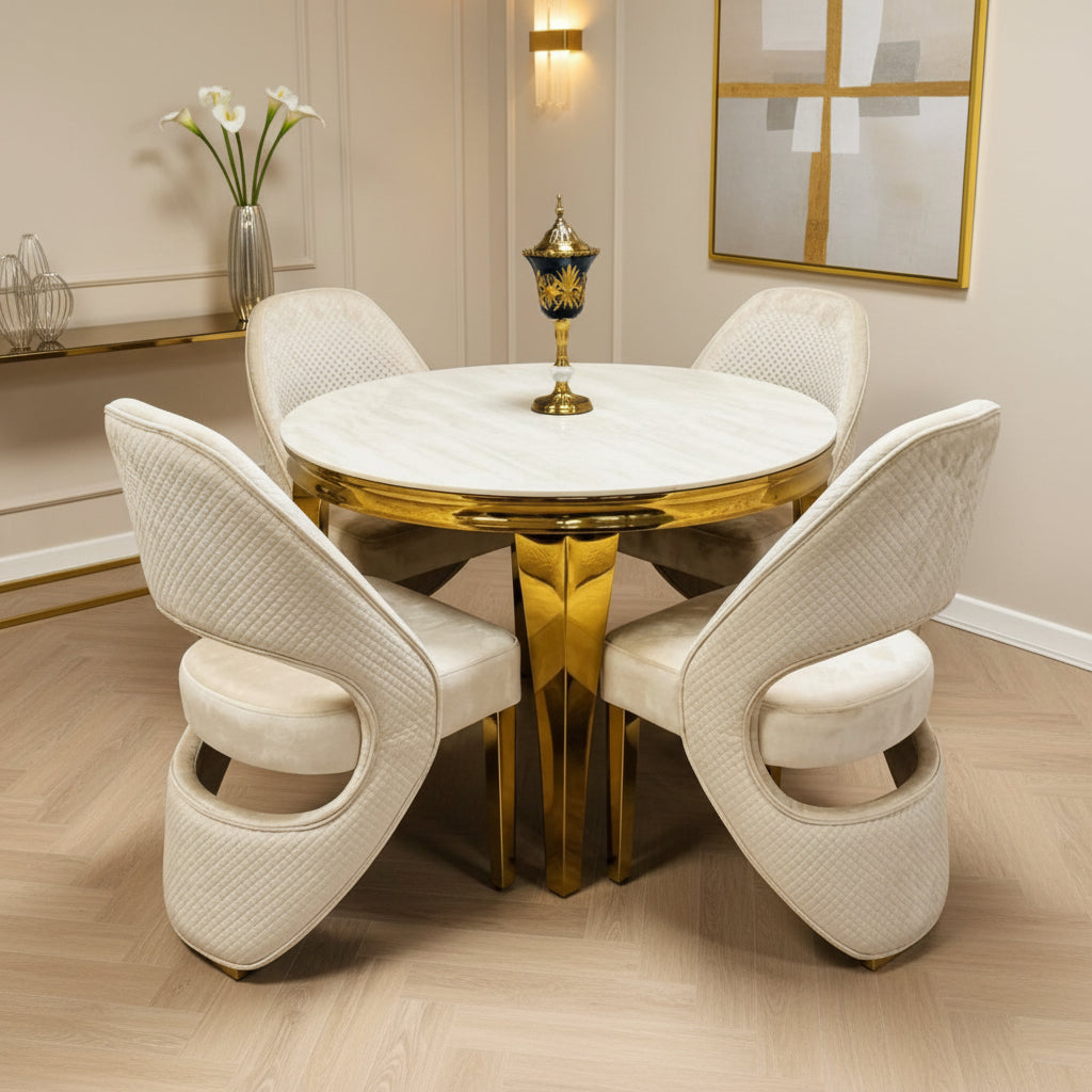 Louis Cream Gold Round Dining Table With Cream Gold Santorini Chairs
