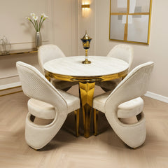 Louis Cream Gold Round Dining Table With Cream Gold Santorini Chairs