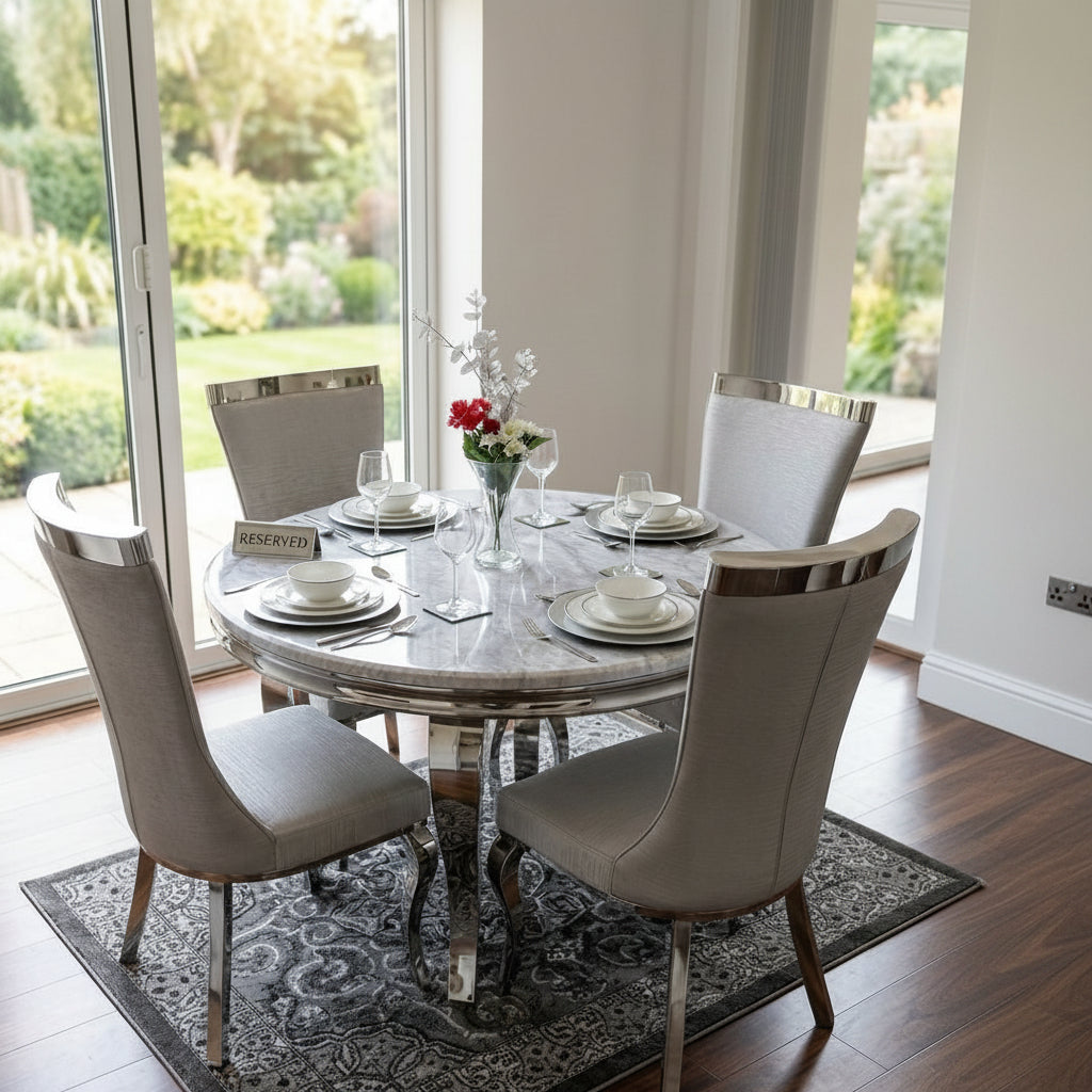 Grey Louis Chrome Round With Silver Samantha Chairs