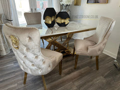 Kata Gold Elina Dining Table With Victoria Cream Gold Lion Knocker Chairs
