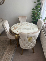 Kata Gold Louis Round Dining Table With Victoria Cream Gold Lion Knocker Chairs