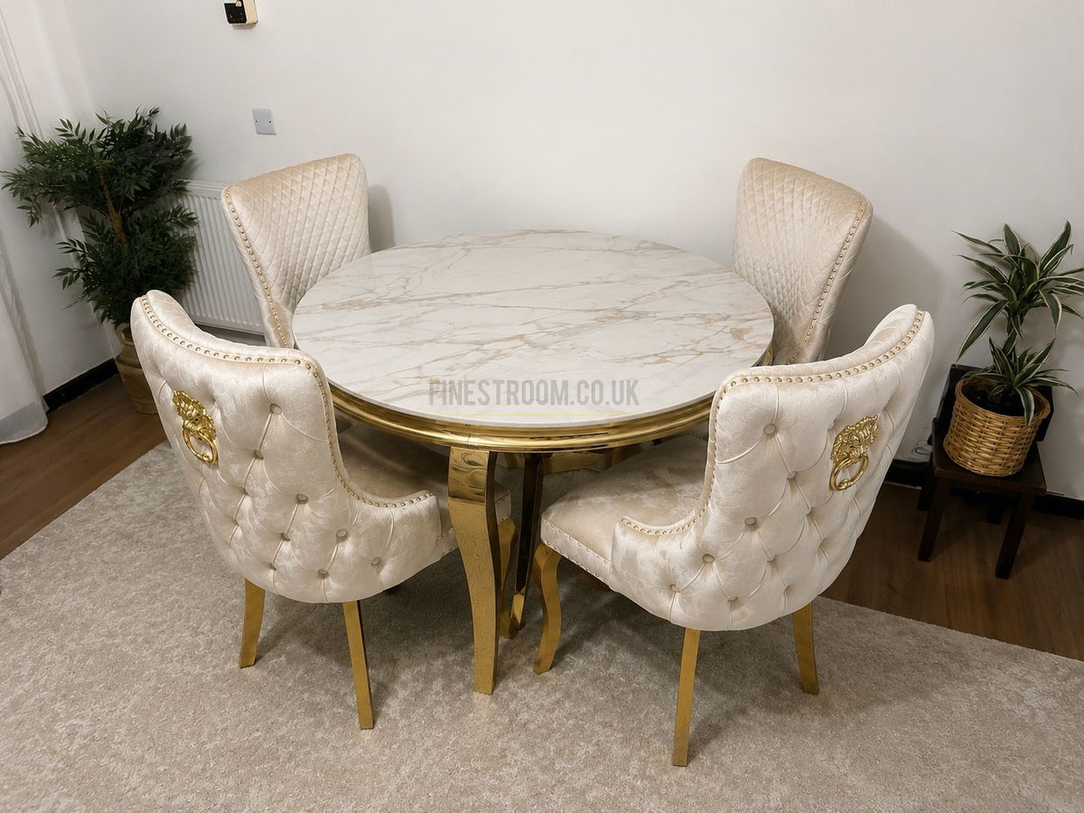 Kata Gold Louis Round Dining Table With Victoria Cream Gold Lion Knocker Chairs