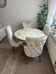 Kata Gold Louis Round Dining Table With Victoria Cream Gold Lion Knocker Chairs