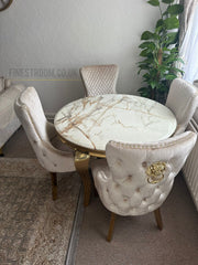 Kata Gold Louis Round Dining Table With Victoria Cream Gold Lion Knocker Chairs