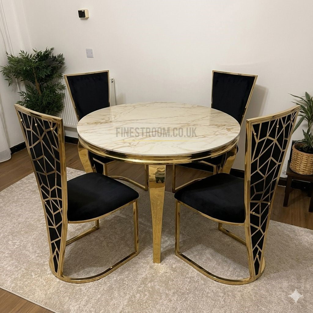 Kata Gold Louis Round Dining Table With Vienna Black Gold Chairs