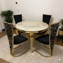 Kata Gold Louis Round Dining Table With Vienna Black Gold Chairs