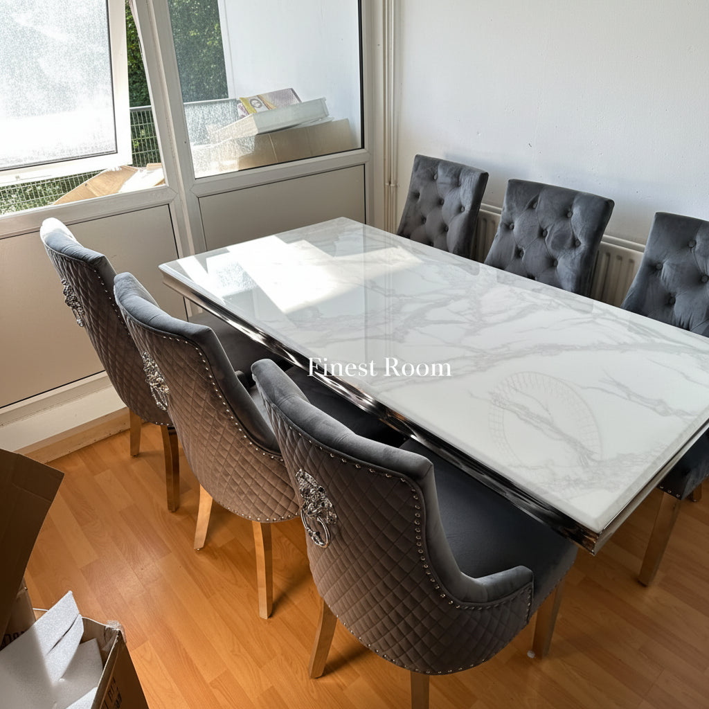 White Arial Dining Table with Dark Grey Lion Knocker Majestic Chairs