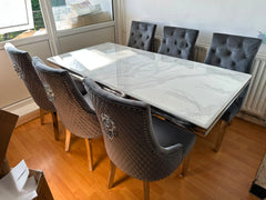 White Arial Dining Table with Dark Grey Lion Knocker Majestic Chairs