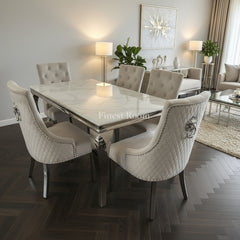 White Louis Dining Table With Silver Majestic Chairs and Bench