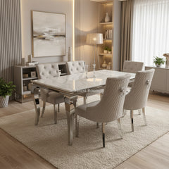 White Louis Dining Table With Silver Majestic Chairs and Bench