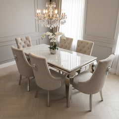 White Louis Dining Table With Silver Majestic Chairs and Bench