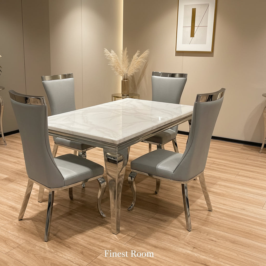 White Louis Dining Table with Grey Samantha Chairs