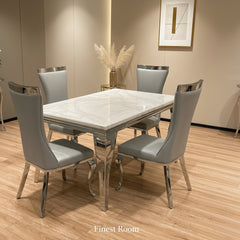 White Louis Dining Table with Grey Samantha Chairs