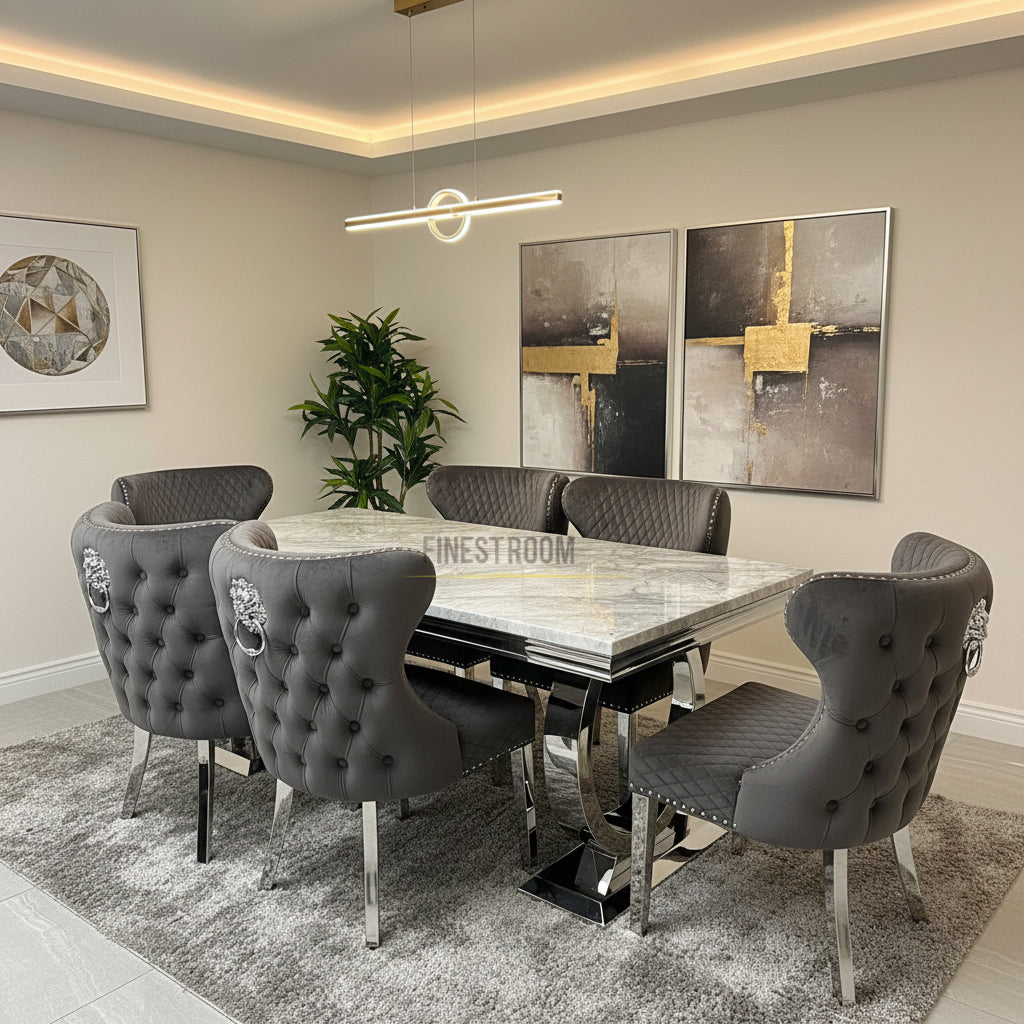 Grey Ariana Dining Table With Dark Grey Valentino Chairs