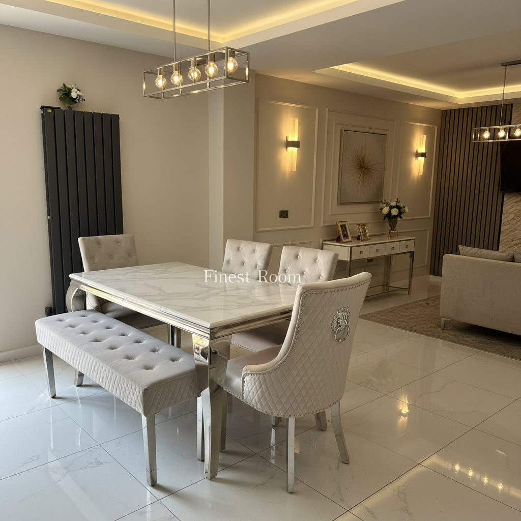 White Louis Dining Table With Silver Majestic Chairs and Bench