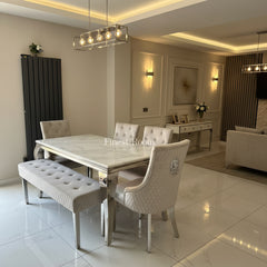 White Louis Dining Table With Silver Majestic Chairs and Bench